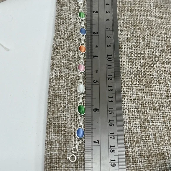 Stunning Vintage Sterling Silver Chainlink Bracelet with Multicolored Cabochons - Picture 16 of 16